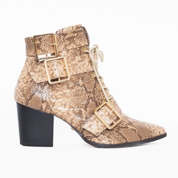 RAYE Shoes - Raye Beige & Black Snakeskin Laced Cutout Dree Boots